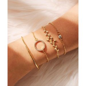 Leaf & Rhinestone Circle Detail Bracelet 4pcs